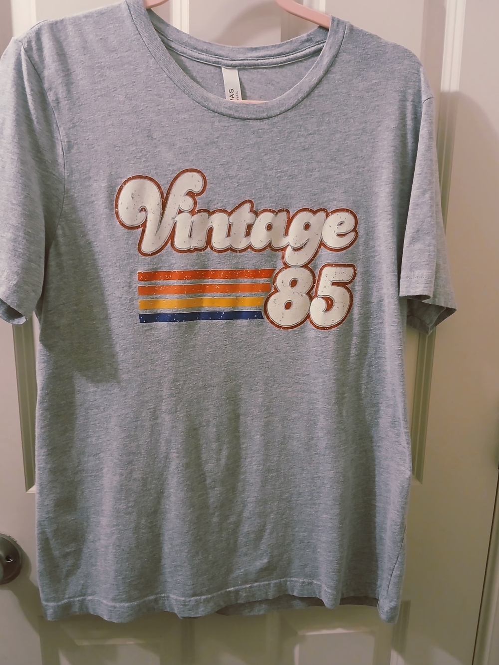 Bella Canvas Light Gray 'Vintage 85' Graphic Tee with Orange & Blue Stripes